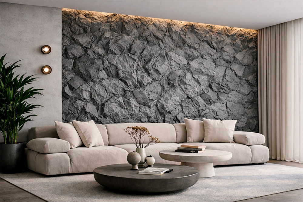 Placa Decorativa Piedra. Mural Completo de PU Gris - Caja 6 Piezas Salon